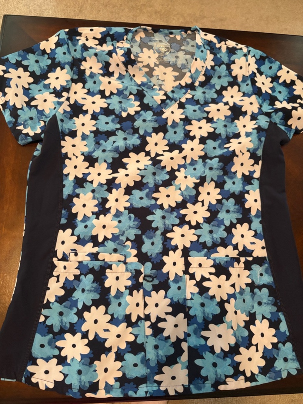 Floral V-Neck Medical Scrub Top - Blue & White